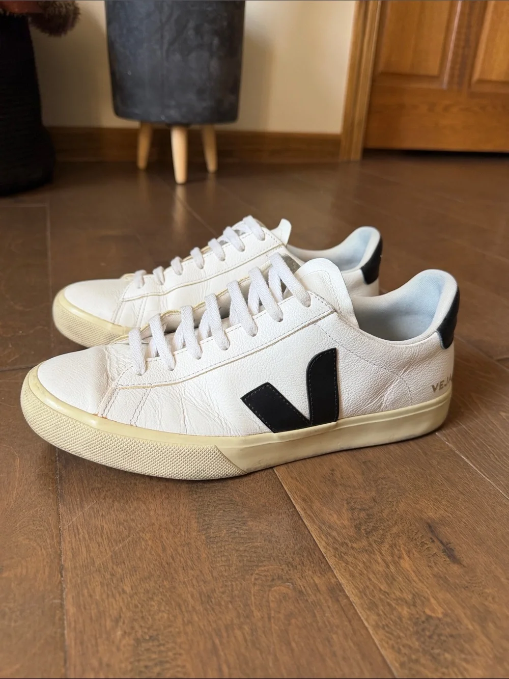Veja White Leather Low-Top Sneakers with Black V Logo
